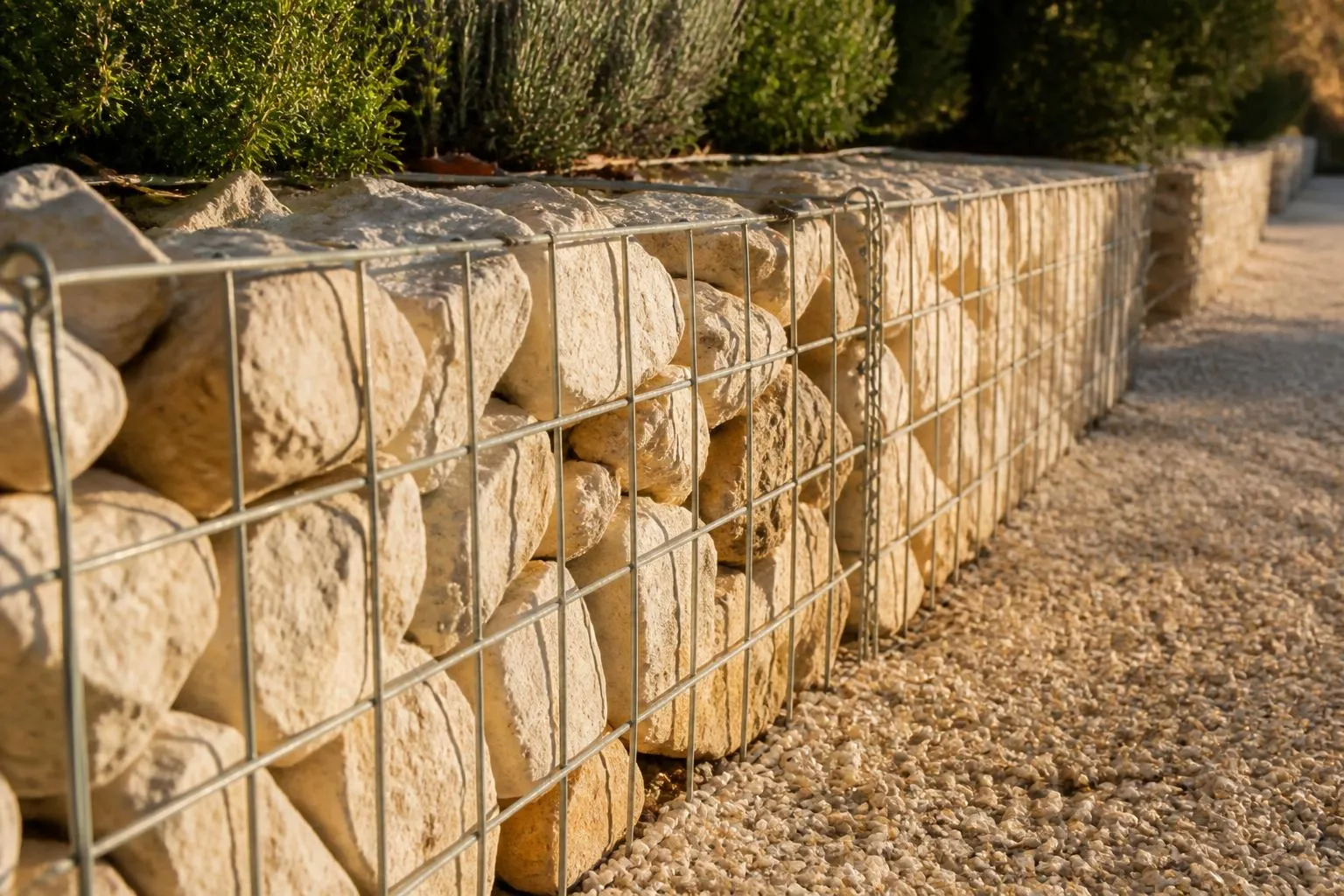 Des cages d'acier galvanisé remplies de pierres calcaires anguleuses, alignées le long d'une allée de jardin