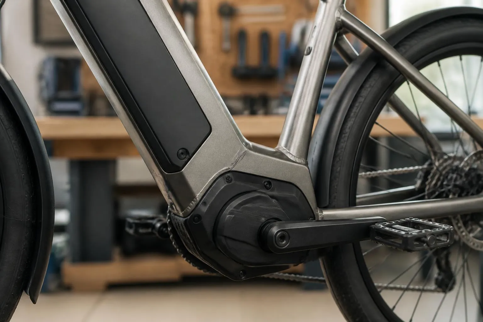 Le moteur au pédalier et la batterie d’un vélo électrique